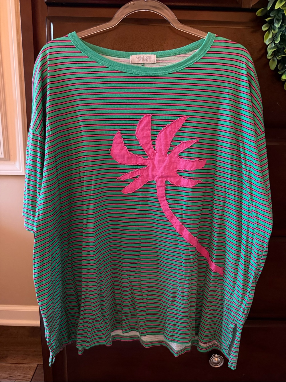 Women’s Striped Green & Pink Short Sleeve Tee with Palm Applique